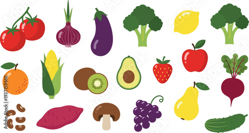 Fresh Vegetable and Fruit Icon Set Featuring Tomato, Onion, Eggplant, Broccoli, Lemon, Corn, Avocado, Strawberry, Beetroot and Cucumber for Healthy Food Design
