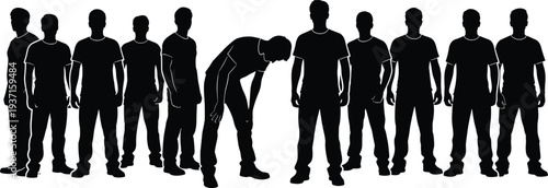 Collection of male human silhouettes standing in different poses including tired bending man, isolated black people figures lineup, group character shapes for design projects