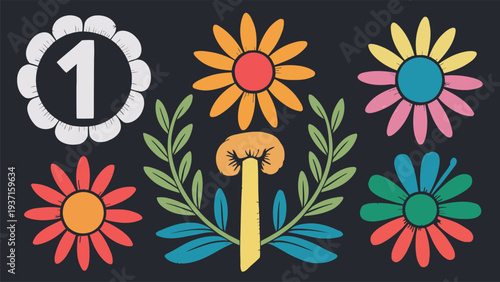 Colorful flowers gardening award badge and tools vector illustration
