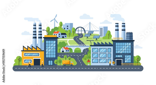 Modern Industrial Cityscape Illustration: Factories, Renewable Energy, and Urban Infrastructure. Sustainable Development Flat Vector.