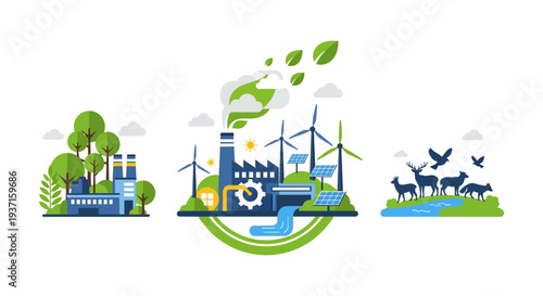 Sustainable Industry & Nature: Eco-Friendly Manufacturing, Renewable Energy & Wildlife Conservation Concept Vector