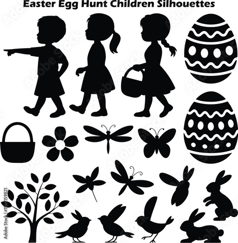 Black silhouettes of children actively searching for decorated eggs during a festive outdoor Easter celebration