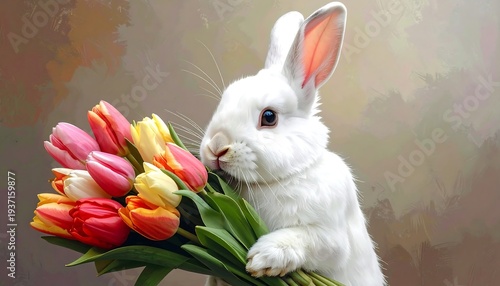 A white rabbit holds colorful tulips against a soft, textured background, creating a whimsical, springlike mood