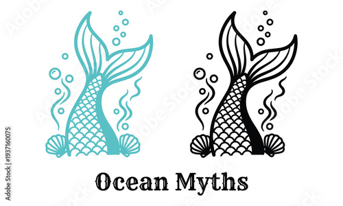 Vibrant ocean mythological mermaid tails in black and teal colors