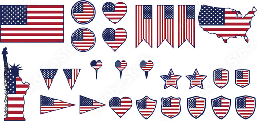 USA flag icons vector set, American patriotic symbols collection, stars and stripes badges hearts shields and map, United States themed design elements