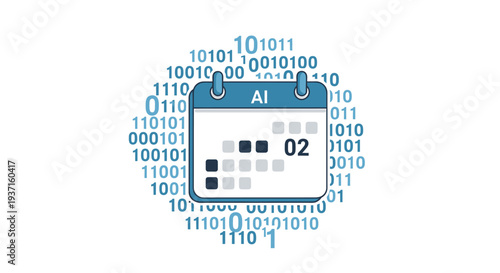 A calendar showing an intelligence related date surrounded by binary code symbolizing digital time and data