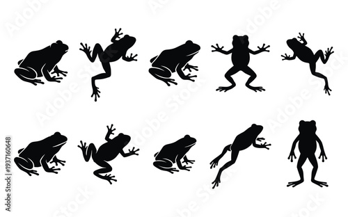 A collection of black frog silhouettes in various poses on a white background
