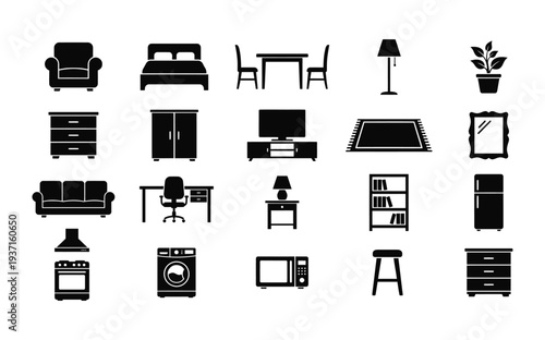 A collection of black and white icons representing various household furniture and appliances
