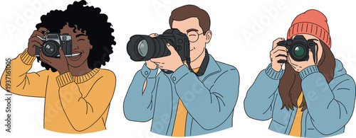 Diverse photographers taking pictures with professional cameras illustration set, creative people capturing photos, photography hobby and media profession concept with male and female characters