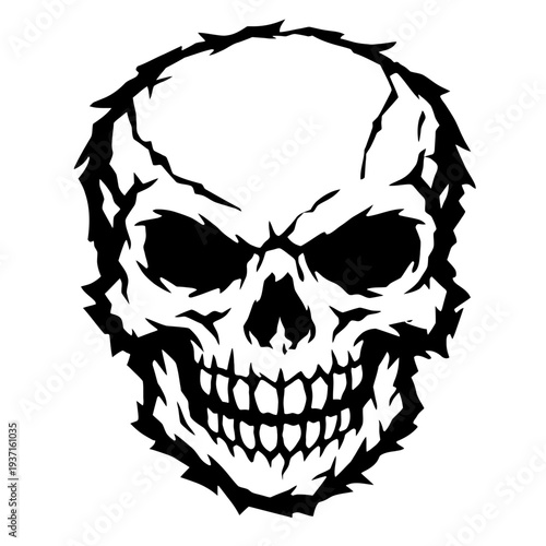 A menacing black and white skull illustration with sharp edges and a sinister expression, evoking a sense of danger and intensity.