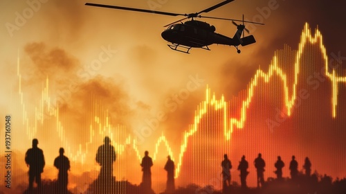 Wallpaper Mural Silhouetted people and a helicopter are seen against an orange sky with superimposed financial chart lines, symbolizing crisis or market volatility. Torontodigital.ca