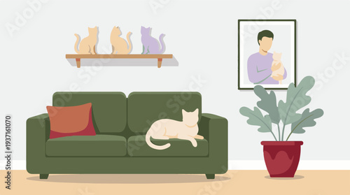 Minimalist living room with a cat on sofa, home decor, and wall art.
