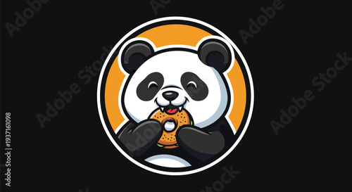 Cartoon panda eating donut in circle logo