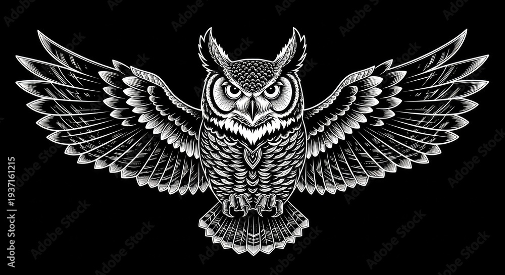 Fototapeta premium Black and White Dotwork Illustration of a Flying Owl on Black Background