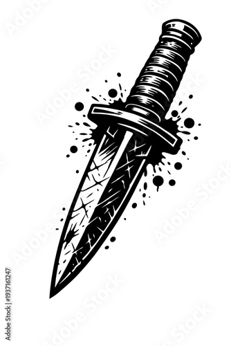 Illustration of a dagger with a sharp blade and textured handle, surrounded by splatters, symbolizing danger and protection.
