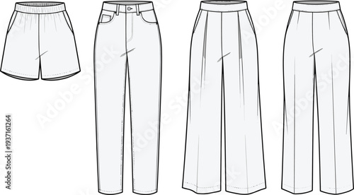 Fashion technical sketch set of shorts, slim jeans and wide leg trousers, blue line vector clothing templates for apparel design and garment production reference