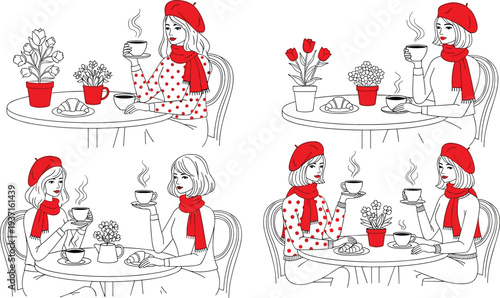 Woman drinking coffee in cafe illustration set, elegant girl with beret enjoying hot drink, cozy cafe lifestyle vector