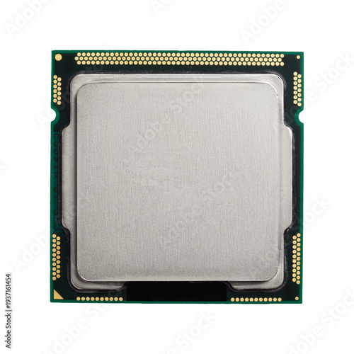 Computer CPU processor and silicon microchip showing metallic heat spreader, circuitry pads and electronic components isolated on a white background