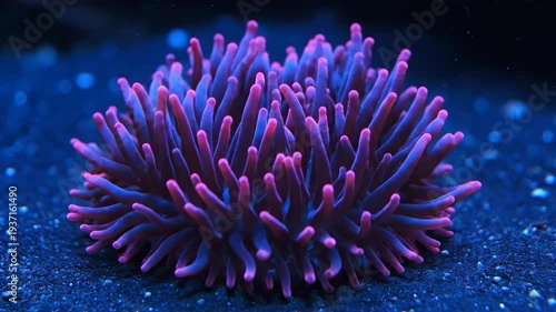 Sea anemone, vibrant purple and blue coral polyp marine life underwater.