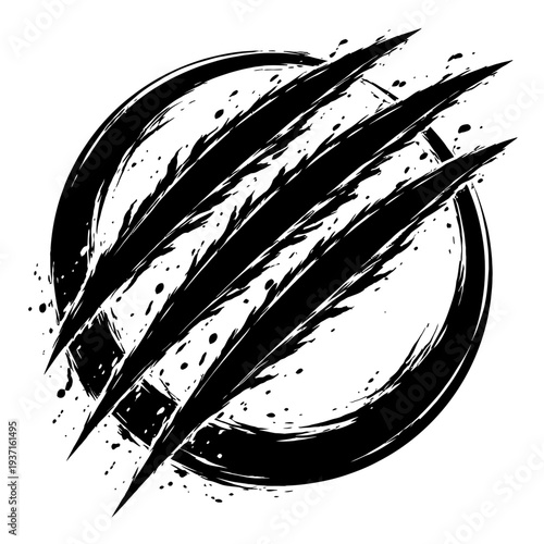 Abstract black and white grunge circle design with sharp lines and splatters