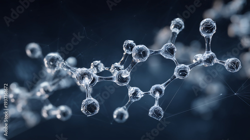 A scientific background featuring peptide molecules. Clear, simple 3D models of peptide chains in soft blue and silver tones on a dark blue background with subtle grid lines.