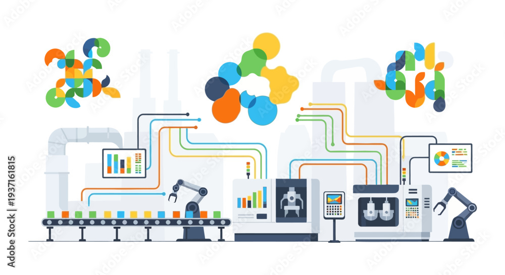 Naklejka premium Industry 4.0 Smart Factory Automation: Robotics, AI, and Data Analytics in Modern Manufacturing Production Process