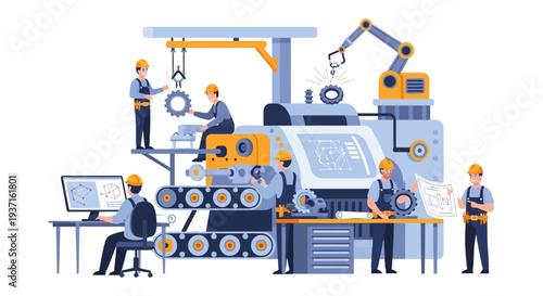 Industrial Manufacturing Production and Engineering Team at Work with Automation Technology. Flat Vector Illustration of Factory Assembly Line and Robotics.