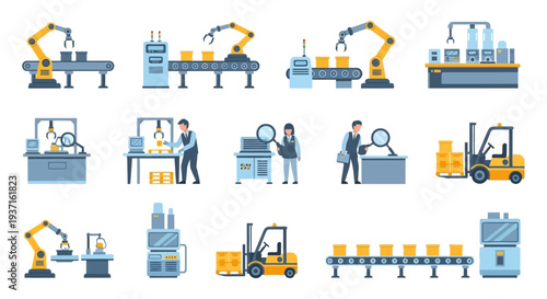 Industrial Automation, Smart Factory & Manufacturing Processes Icons. Robotics, Logistics, Quality Control & Production Line Workflow Flat Illustrations Set.