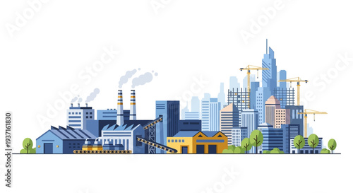 Urban Industrial Landscape: Modern City with Factories, Skyscrapers, and Construction. Flat Vector Illustration.