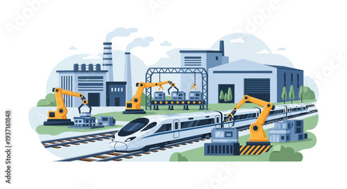 Industrial Automation: High-Speed Train, Robotic Manufacturing & Logistics in a Smart Factory – Industry 4.0 Tech Illustration