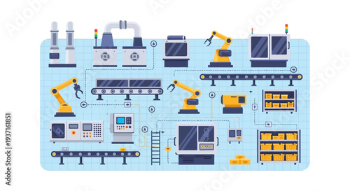 Smart Factory Automation Line: Robotic Arms, Conveyor Belts & Modern Manufacturing Technology. Industry 4.0 Production Process.
