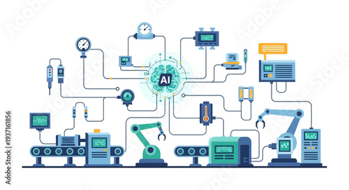 AI Powered Smart Factory Automation: Industrial Robots, Sensors, and Conveyor Belts Connected to an Artificial Intelligence Brain
