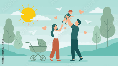 Happy family with baby playing outdoors on a sunny day, flat illustration