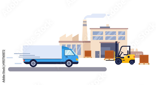 Efficient Logistics and Supply Chain: Delivery Truck and Forklift at Modern Factory