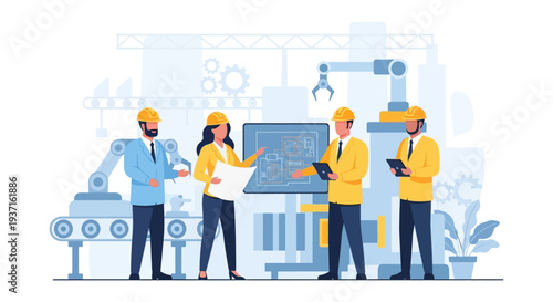 Industrial Engineers and Factory Workers Collaborating on Manufacturing Project with Robotics and Automation Technology – Production Management and Innovation