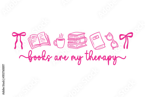 Books Are My Therapy Linear Bookish Doodle Art T Shirt Design
