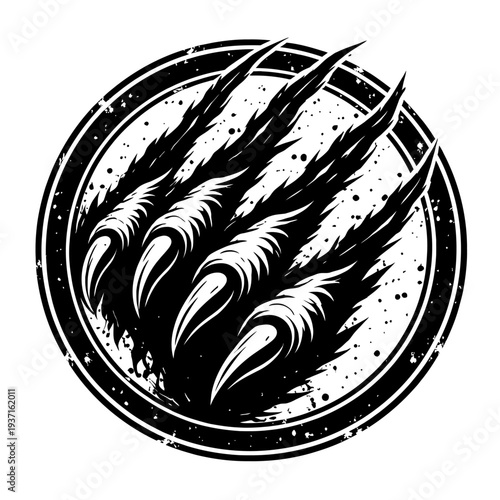 Gothic Claw Emblem with Grunge Texture and Sharp Talons in Black and White