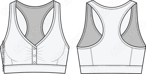 Front and Back View Sports Bra Technical Fashion Flat Sketch, Women Activewear Garment Outline, Athletic Crop Top Apparel Design Template for Fitness Clothing Production