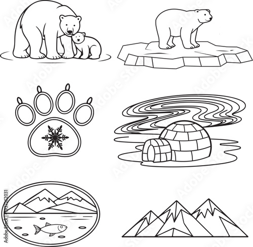 Arctic and Polar Animals Line Art Elements Collection