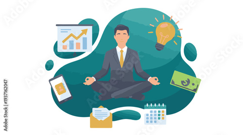 Mindful businessman balancing career, finance, and productivity tasks