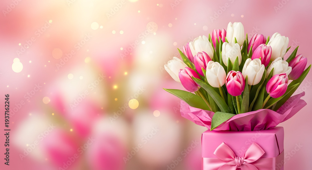 Fototapeta premium Bouquet of pink and white tulips in gift box
