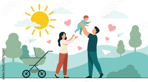 Happy family with baby in park, parenting and childhood concept illustration