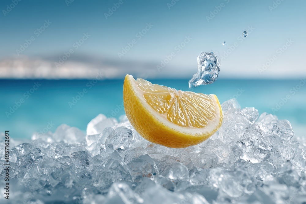 Obraz premium A refreshing lemon slice resting on a bed of glistening ice cubes, with clear water droplets suspended in the air, against a blurred ocean background.
