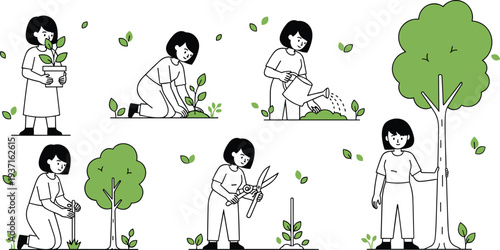 Woman planting tree illustration set, gardening activities collection, tree care process, eco lifestyle concept, environmental protection vector