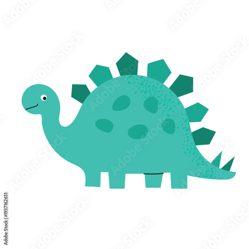 Cute green cartoon stegosaurus dinosaur character in flat style, isolated on white background. Friendly baby dino with plates on its back and spotted pattern. Vector illustration perfect for children'