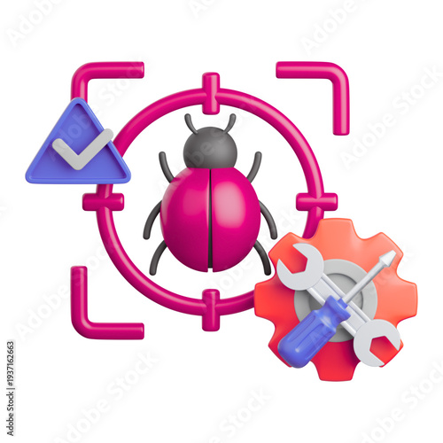 Bug fixing and debugging concept with tools and ladybug icon, vector illustration.