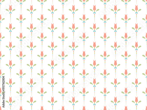 Cute floral Seamless pattern. Simple pastel background with tulips in folk cottagecore style for spring themed wrapping paper, children’s bedding, or kitchen textiles