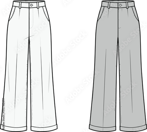 Front and Back View Wide Leg Trousers Technical Fashion Sketch Blueprint, Minimal Line Drawing of High Waist Pants Design Template for Apparel Production and Clothing Illustration