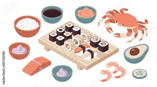 Isometric Japanese Sushi and Seafood Delicacies Assortment on White Background