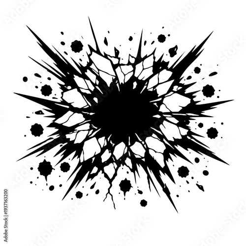 black explosion blast effect on white background with splashes and splatters